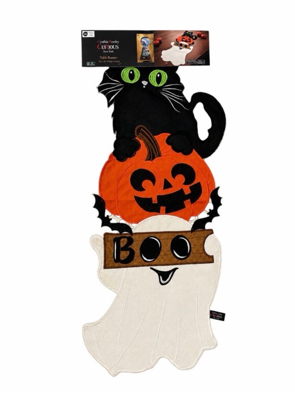 Cynthia Rowley Curious Halloween Table Runner Black Cat Pumpkin Ghost 14 x 36